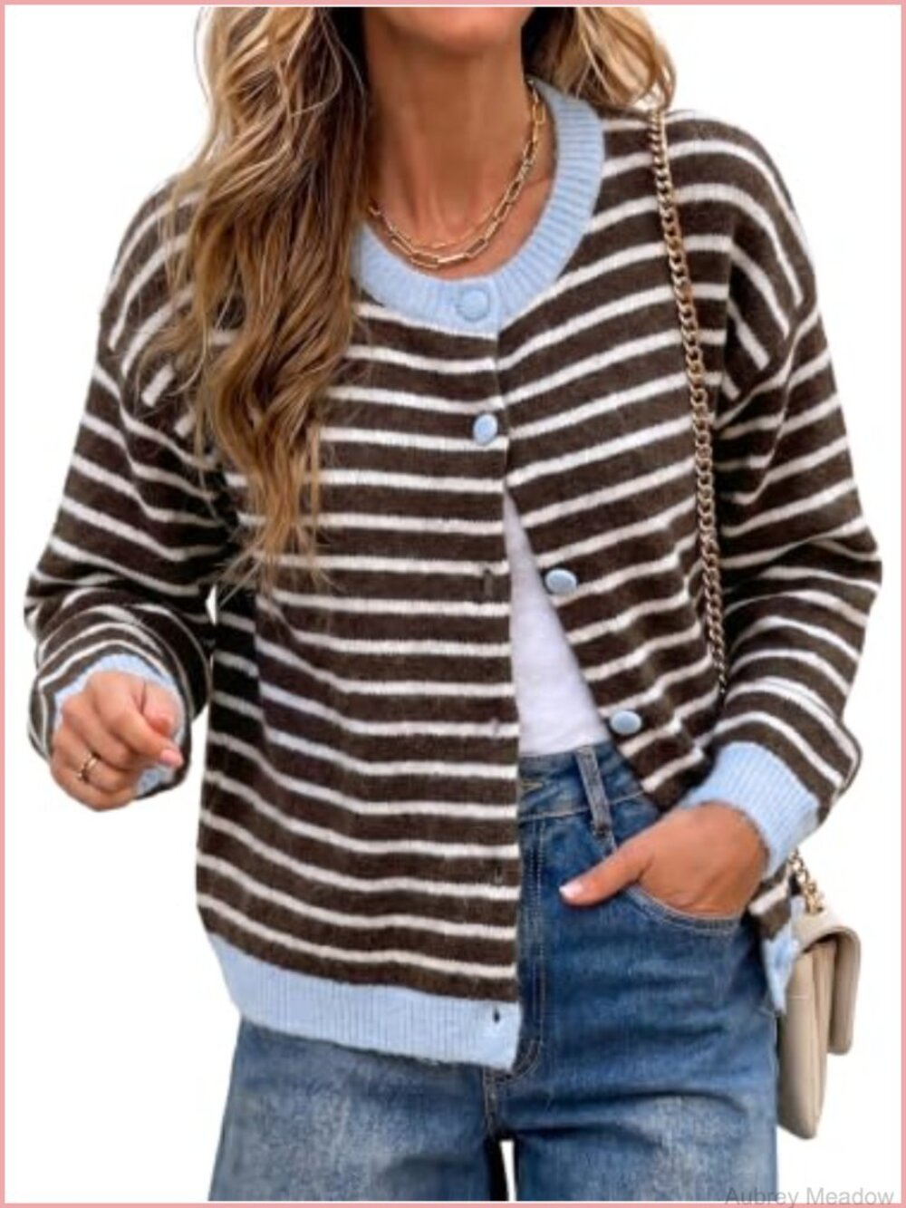 Striped Cardigan Sweater Button Down Crewneck Knit Long Sleeve